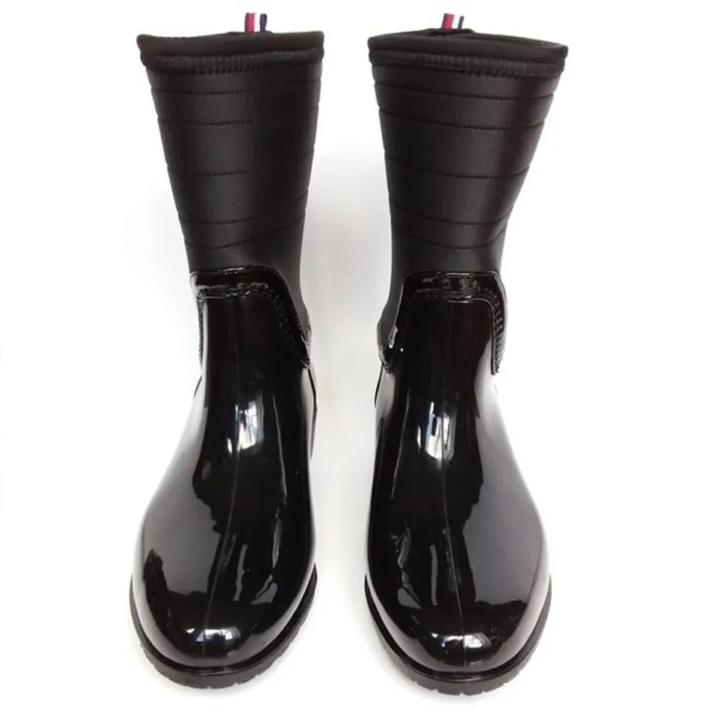 New Tommy Hilfiger Glossy Fonsi Hilfiger Stripe Rain Boot Black 6